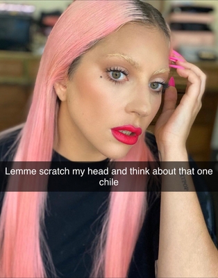 Pink hair thinking Snapchat overlay meme